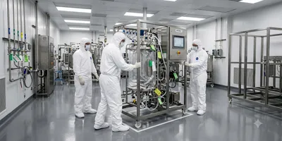 Three cleanroom technicians in full protective gowns maneuver a piece of mobile single-use bioprocessing equipment within a sterile manufacturing facility.