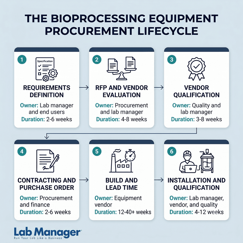 Infographic illustrating the bioprocessing equipment procurement lifecycle.