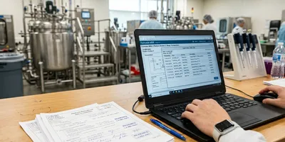 A GMP electronic batch record system displaying an audit trail log on a laptop screen, with printed batch records in a bioprocessing facility.