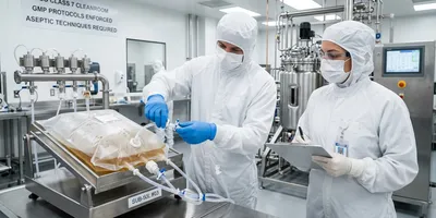 A training supervisor observes a bioprocess technician performing aseptic connection procedures on a single-use bioreactor system during qualification training in a GMP cleanroom.