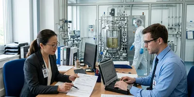 A quality manager and process engineer review a GMP change control document at a workstation in a bioprocessing facility.