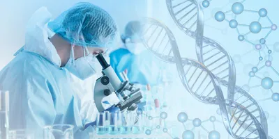 Scientist examining DNA samples with a microscope in a lab setting