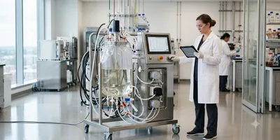 A lab manager in a white coat reviews a tablet beside a single-use stirred-tank bioreactor on a stainless steel skid in a modern, brightly lit bioprocessing laboratory.