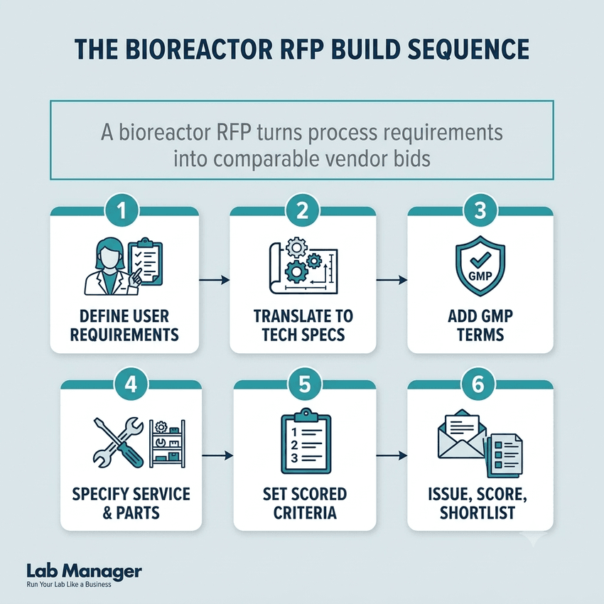 An infographic outlining the six-step bioreactor RFP build sequence, detailing the process from defining user requirements to issuing and scoring vendor bids. An infographic outlining the six-step bioreactor RFP build sequence, detailing the process from defining user requirements to issuing and scoring vendor bids.