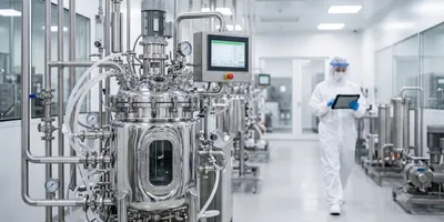 A polished stainless steel bioreactor with complex piping and digital controls sits in the foreground of a bright, ultra-clean biomanufacturing facility, while a quality assurance professional in a full cleanroom suit works on a tablet in the blurred background.A polished stainless steel bioreactor with complex piping and digital controls sits in the foreground of a bright, ultra-clean biomanufacturing facility, while a quality assurance professional in a full cleanroom suit works on a tablet in the blurred background.