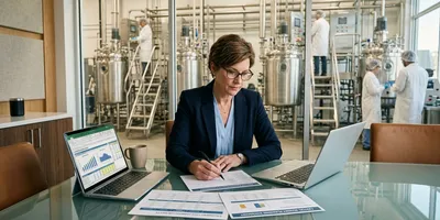 A bioprocessing operations director reviews capital equipment financial planning documents at a conference table overlooking a production floor.