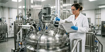 A maintenance technician calibrates a dissolved oxygen sensor on a GMP bioreactor during a scheduled preventive maintenance event, with a PM protocol document on the clipboard.