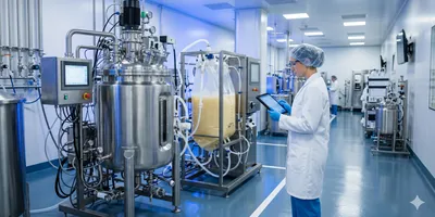 Photorealistic image of a modern GMP bioprocessing facility interior with a stainless-steel bioreactor and adjacent single-use bioreactor bag system side by side.