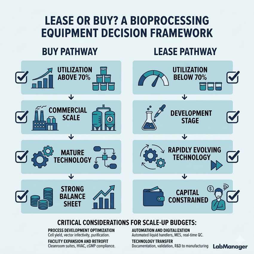 A clean, professional infographic designed on a light blue background using a balanced, two-column grid layout. The text and flat vector icons utilize a cohesive dark blue, teal, and charcoal color palette, concluding with a "Critical Considerations" footer and the LabManager logo in the bottom right corner.