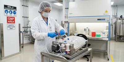 A bioprocessing operator in BSL-2 PPE performs an aseptic connection on a single-use bioreactor assembly in a classified GMP bioprocessing area, with a biosafety cabinet visible in the background.