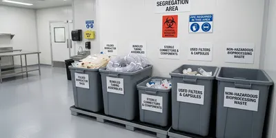 Organized single-use bioprocessing waste in labeled collection bins in a pharmaceutical manufacturing facility, including bioreactor bags, tubing assemblies, and sterile connectors segregated for decontamination and disposal.