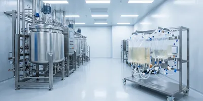 A wide-angle photograph taken inside a sterile cleanroom, contrasting large, traditional stainless steel bioreactors on the left with flexible, single-use bioprocessing bag assemblies mounted on a rolling cart on the right.