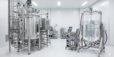 Photorealistic image of a modern bioprocessing facility showing both technologies side by side: on the left, a large stainless steel bioreactor vessel with polished metal surfaces and instrument connections; on the right.