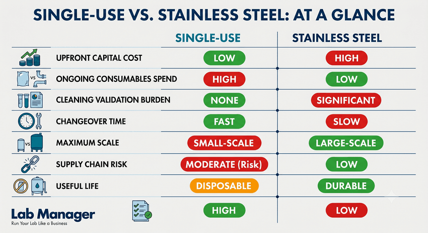 A clean, professional, side-by-side comparison infographic from Lab Manager using a two-column grid layout to contrast Single-Use and Stainless Steel technologies across eight critical operational factors.