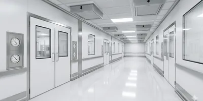 Photorealistic image of a GMP cleanroom corridor in a bioprocessing facility: polished white epoxy floors, stainless steel pressure differential gauges mounted between double airlocks, ceiling-mounted HEPA filter housings with visible airflow direction indicators.