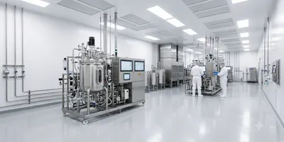 A pristine, brightly lit bioprocessing cleanroom featuring advanced stainless steel bioreactors and technicians in white protective suits working with digital monitoring systems.