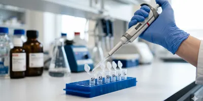 A gloved hand uses an electronic micropipette to dispense liquid into a row of labeled microcentrifuge tubes in a laboratory environment.