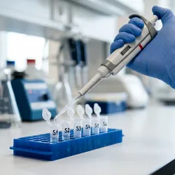 A gloved hand uses an electronic micropipette to dispense liquid into a row of labeled microcentrifuge tubes in a laboratory environment.