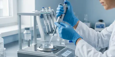 A scientist in protective equipment uses a micropipette to dispense liquid into a vial on an analytical balance at a fully equipped laboratory workstation.