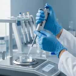 A scientist in protective equipment uses a micropipette to dispense liquid into a vial on an analytical balance at a fully equipped laboratory workstation.