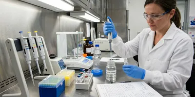 A female scientist wearing safety glasses and a lab coat uses a micropipette to transfer liquid at a clean laboratory workbench surrounded by equipment and a data notebook.