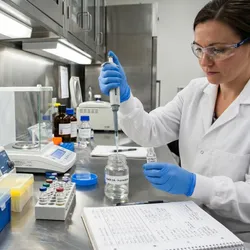 A female scientist wearing safety glasses and a lab coat uses a micropipette to transfer liquid at a clean laboratory workbench surrounded by equipment and a data notebook.