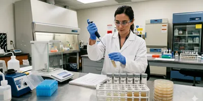 A female scientist in a lab coat and safety glasses uses a micropipette to transfer liquid into a test tube at a lab bench with an analytical balance and serial dilution tubes.