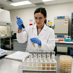 A female scientist in a lab coat and safety glasses uses a micropipette to transfer liquid into a test tube at a lab bench with an analytical balance and serial dilution tubes.