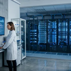 A wide-angle photorealistic shot of a modern laboratory server room adjacent to a clinical research lab.