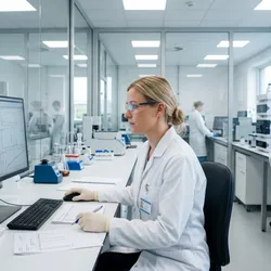 A photorealistic wide-angle shot of a pharmaceutical quality control laboratory, with a scientist in a white lab coat reviewing data on a large monitor displaying analytical results and charts.