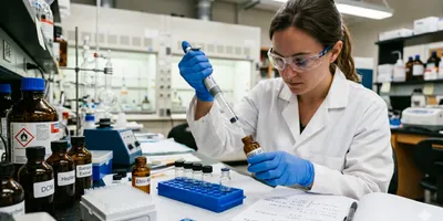 A female scientist wearing gloves and safety glasses pipettes liquid from a test tube into a labeled amber vial on a well-equipped lab bench.