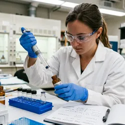 A female scientist wearing gloves and safety glasses pipettes liquid from a test tube into a labeled amber vial on a well-equipped lab bench.