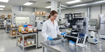 A photorealistic wide-angle shot of a modern food testing laboratory with a technician in a white lab coat and gloves handling labeled sample containers near an automated sample processing station.