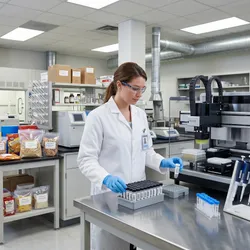 A photorealistic wide-angle shot of a modern food testing laboratory with a technician in a white lab coat and gloves handling labeled sample containers near an automated sample processing station.