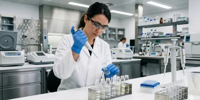 A female scientist wearing safety glasses and a white lab coat carefully uses a pipette to handle liquid in a glass vial on a clean, modern laboratory bench.