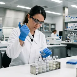 A female scientist wearing safety glasses and a white lab coat carefully uses a pipette to handle liquid in a glass vial on a clean, modern laboratory bench.