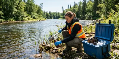 A photorealistic wide-angle shot of an environmental field technician in a safety vest and gloves collecting water samples from a riverbank, with labeled sample bottles visible in a cooler nearby.