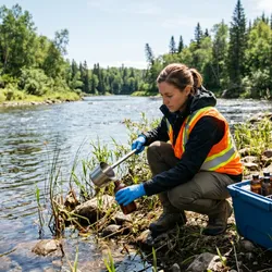 A photorealistic wide-angle shot of an environmental field technician in a safety vest and gloves collecting water samples from a riverbank, with labeled sample bottles visible in a cooler nearby.