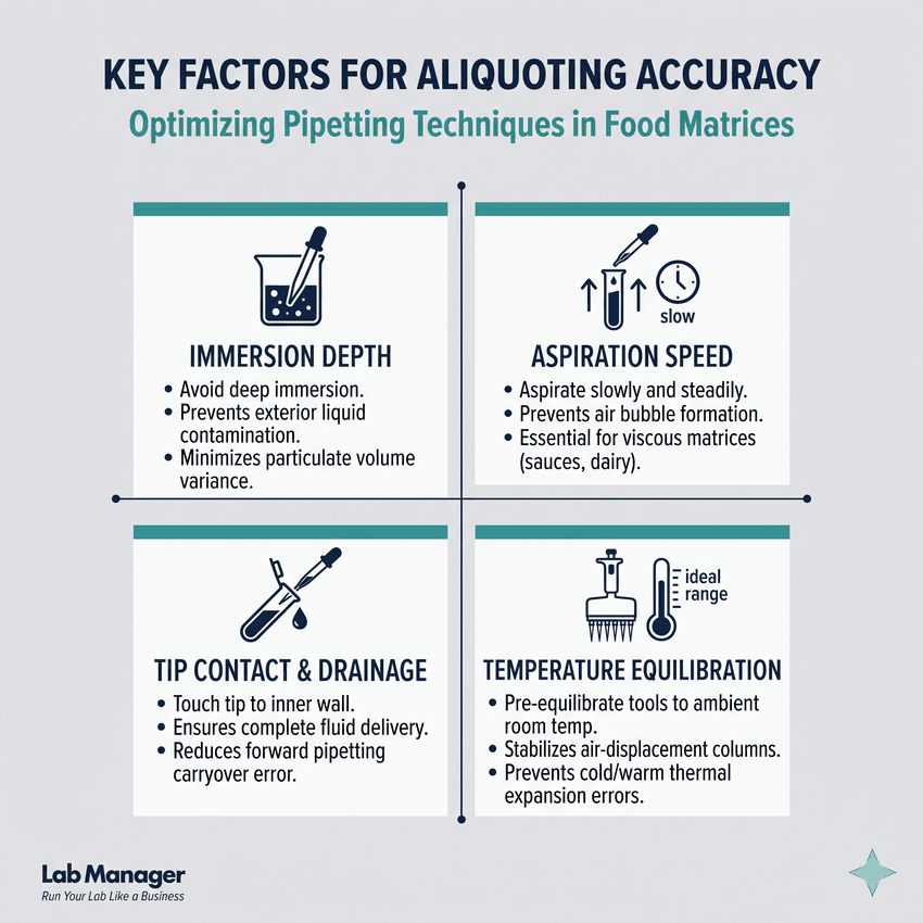 Four-quadrant technical infographic detailing the key factors for aliquoting accuracy: immersion depth, aspiration speed, tip contact, and temperature equilibration.
