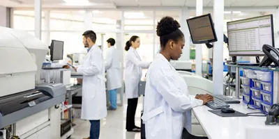 Group of four clinical laboratory staff working on computers and instruments in the lab.