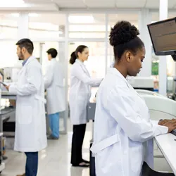 Group of four clinical laboratory staff working on computers and instruments in the lab.