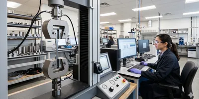 A photorealistic wide-angle shot of a modern materials testing laboratory, with a tensile testing machine in the foreground gripping a metal specimen and a researcher in safety glasses reviewing data on a monitor in the background.