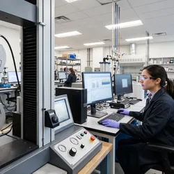 A photorealistic wide-angle shot of a modern materials testing laboratory, with a tensile testing machine in the foreground gripping a metal specimen and a researcher in safety glasses reviewing data on a monitor in the background.