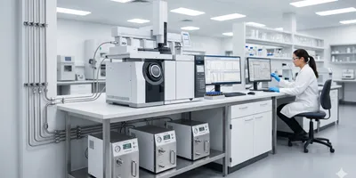 A sleek, modern analytical laboratory features a gas chromatograph-mass spectrometer on a stainless steel bench connected to three compact gas generators underneath, while a scientist in a lab coat reviews data on a monitor in the background.