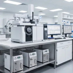 A sleek, modern analytical laboratory features a gas chromatograph-mass spectrometer on a stainless steel bench connected to three compact gas generators underneath, while a scientist in a lab coat reviews data on a monitor in the background.