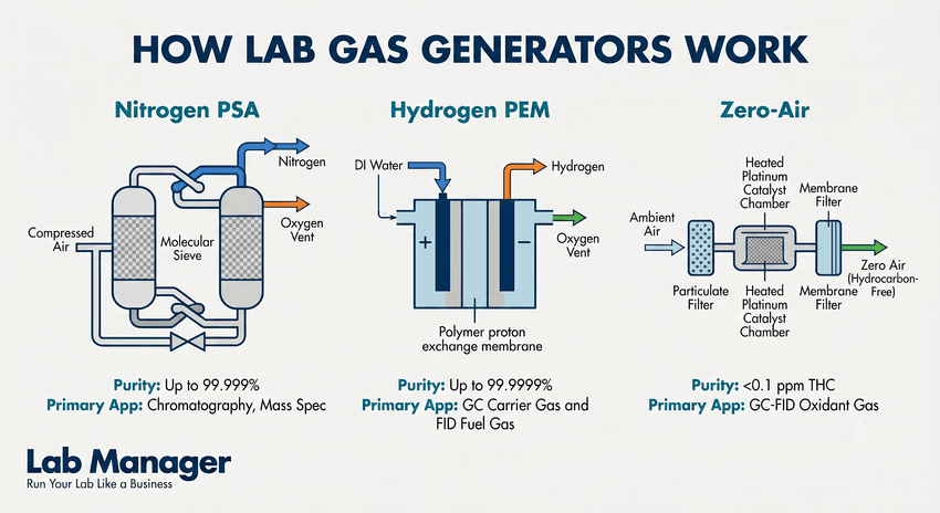 Infographic featuring flat-design technical diagrams, purity ranges, and specific GC and mass spectrometry applications for nitrogen PSA, hydrogen PEM, and zero-air generator types. Infographic featuring flat-design technical diagrams, purity ranges, and specific GC and mass spectrometry applications for nitrogen PSA, hydrogen PEM, and zero-air generator types.