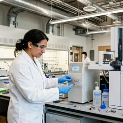 A female scientist wearing a lab coat and safety glasses uses a wrench to adjust tubing on a benchtop hydrogen gas generator next to a gas chromatograph in a modern laboratory.