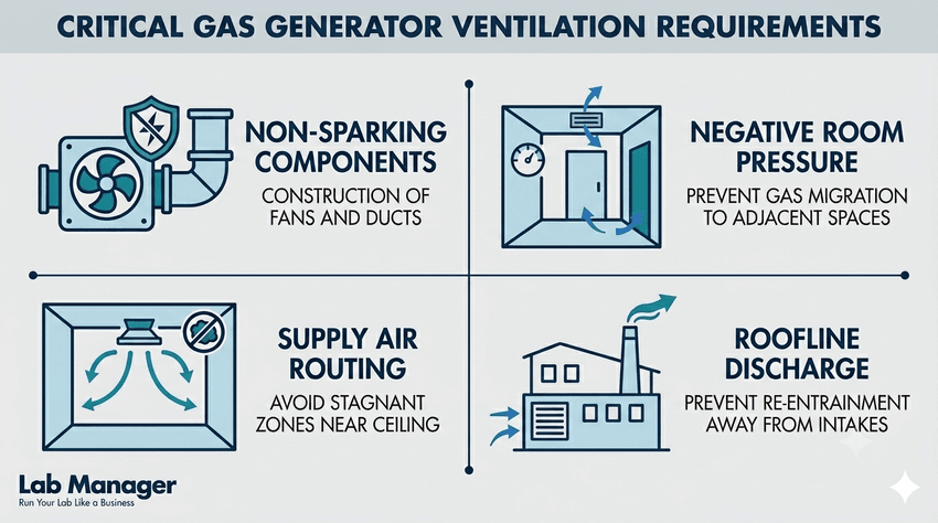 Infographic detailing critical gas generator ventilation requirements, which include using non-sparking components, maintaining negative room pressure, ensuring proper supply air routing, and utilizing roofline discharge.