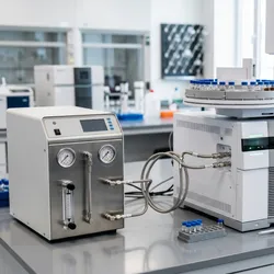 An analytical laboratory bench setup featuring a compact gas generator connected by flexible stainless steel tubing to a gas chromatograph–mass spectrometer system equipped with an autosampler vial tray.