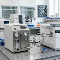 A researcher in a lab coat and safety glasses works at a laboratory bench equipped with a sophisticated gas chromatograph with an autosampler and gas controls.